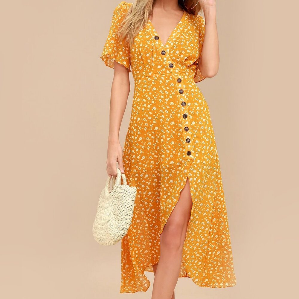 Lulus After-Bloom Delight Golden Yellow Floral Print Midi Dress